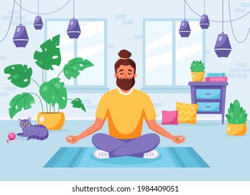 Man meditating in lotus pose in cozy modern interior. Healthy lifestyle, home activity. Vector illustration