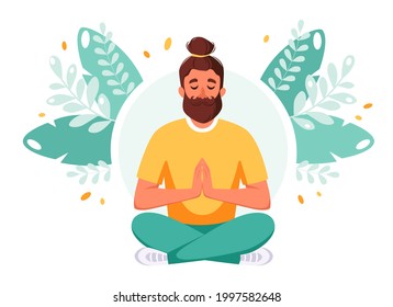 Man meditating in lotus pose. Healthy lifestyle, wellbeing, relax, meditation. Vector illustration