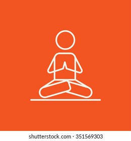 A man meditating in lotus pose line icon for web, mobile and infographics. Vector white icon isolated on red background.