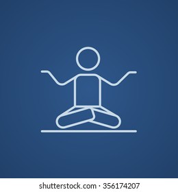 A man meditating in lotus pose line icon for web, mobile and infographics. Vector light blue icon isolated on blue background.