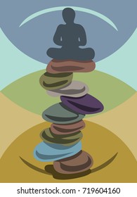 A man meditating in lotus pose on stack of nine zen stones. Patience, serenity, peace, balance, relaxation, mindful, meditation concept illustration vector.
