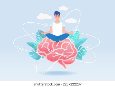 Man meditating in lotus pose sitting on brain. Vector illustration.