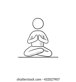 Un hombre meditando en loto representa un icono de boceto vectorial aislado en el fondo. Hombre dibujado a mano meditando en el loto posan icono. El hombre que medita en el loto representa un icono de sketch para infografía, sitio web o aplicación.