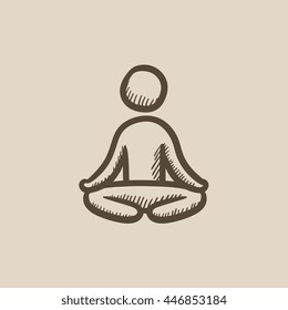 Man meditating in lotus pose vector sketch icon isolated on background. Hand drawn Man meditating in lotus pose icon. Man meditating in lotus pose sketch icon for infographic, website or app.
