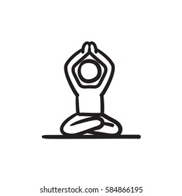 Ein Mann, der in Lotus meditiert, stellt eine Vektorgrafik-Symbol einzeln auf dem Hintergrund dar. Handgezeichneter Mann, der in Lotus Pose Ikone meditiert. Der in Lotus meditierende Mensch stellt ein Skizzensymbol für Infografik, Website oder App dar.