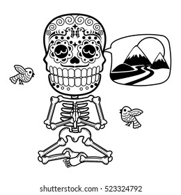 Man meditating in the lotus position. Calaveras. Vector flat and linear Illustration of skeleton. Web banners, advertisements, brochures, business templates. Isolated on a white background.