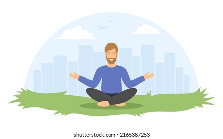 A man meditating in a lotus position on the grass with a city behind. Vector illustration in flat style