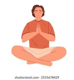 Man meditating in lotus posture Flat vector illustration isolated on white background. Yoga zen and meditation practice. Balance, harmony and mindfulness, calmness concept.	