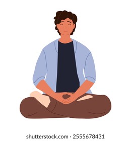 Man meditating in lotus posture Flat vector illustration isolated on white background. Yoga zen and meditation practice. Balance, harmony and mindfulness, calmness concept.	