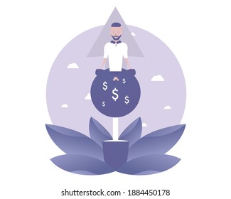 A man is meditating to make money. Vector illustration for telework, remote working and freelancing, business, start up, social media and blog