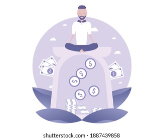 Un hombre está meditando para ganar dinero. Ilustración vectorial para teletrabajo, trabajo a distancia y freelance, negocios, start-up, medios sociales y blog
