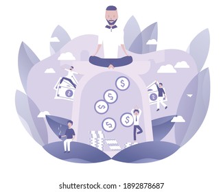 A man is meditating to make money. Vector illustration for telework, remote working and freelancing, business, start up, social media and blog