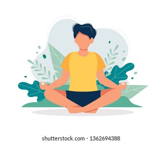 Man meditating in nature and leaves. Concept illustration for yoga, meditation, relax, recreation, healthy lifestyle. Vector illustration in flat cartoon style