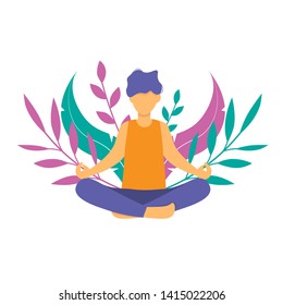 Man meditating in nature and leaves. Guy doing yoga. Lotus pose the practice of meditation. The concept of healthy lifestyle. Relaxing and calm posture. Flat vector illustration. 