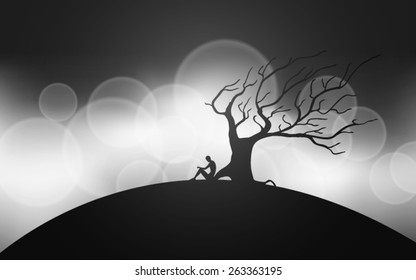 man meditating next to a tree silhouettes vector