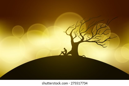 man meditating next to a tree silhouettes vector editable