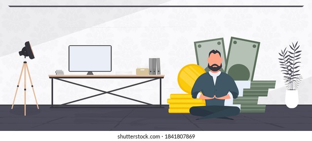 The man is meditating on the background of money.
Business man doing yoga. Large stack of dollars and gold coins. Vector.