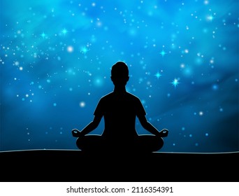 Hombre meditando sobre el fondo del cielo estrellado 