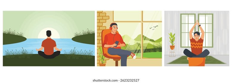 Um homem meditando nas margens do rio com o pôr do sol.  Homem relaxado curtindo música nos fones de ouvido. Um jovem faz exercício de meditação online. Homem meditando conceito. Definir ilustração de vetor plana