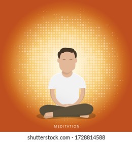 Man meditating on floor with golden orange halo light in background.  Meditation for brain development. Mental health concept. Flat design vector illustration.