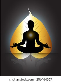 Man meditating on gold Leaf background, yoga. 