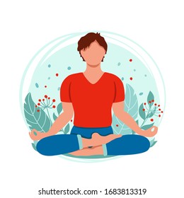 Man meditating on the nature background. Concept for yoga; meditation; relax and healthy lifestyle. Vector illustration in flat cartoon style