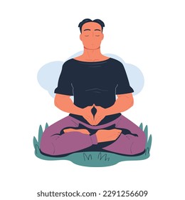 Man meditating on nature. Meditation practice, harmony, healthy lifestyle cartoon vector illustration