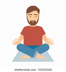 Man meditating on rug. Vector illustration isolated on white background.