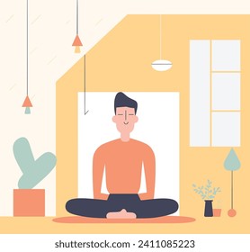 Man meditating peacefully in a modern room with plants. Male character practicing mindfulness indoors. Meditation and relaxation in home interior vector illustration.