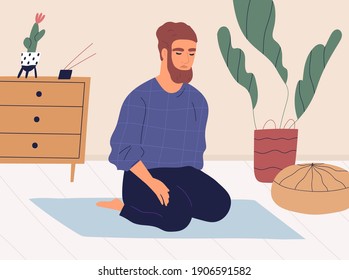 Man meditating and performing breath control exercises in kneeling position on mat. Peaceful relaxed guy practicing yoga and mindfulness meditation on floor at home. Colored flat vector illustration