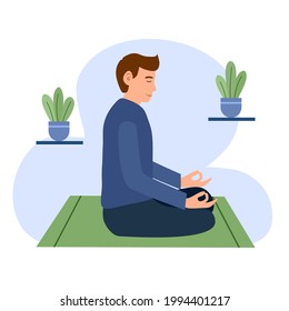 Man meditating with plants on background side view. Meditation for mind relaxation and good mental health. Mind concentration.