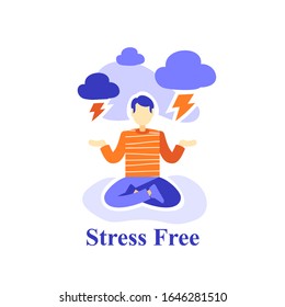 Man meditating practice, stress free, emotion control, suppress bad feelings, mental health, positive thinking, lotus pose yoga, self consciousness, life balance, vector flat illustration