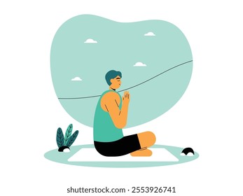 Man meditating sitting cross-legged on yoga mat, wearing casual sportswear, light blue background with white clouds, calm and peaceful expression, vector illustration.