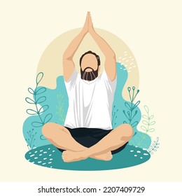 Man Meditating sitting in lotus pose among the leaves. Character in Faceless style. Concept illustration for Yoga, Meditation, relax, healthy lifestyle and sports activities. Vector illustration.