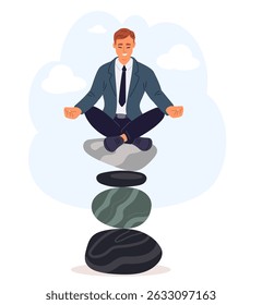 Homem meditando sentado em pedras de equilíbrio. Equilíbrio da vida profissional. Harmonia e calma. Pilha de pirâmide de pedras ovais. Meditação de ioga. Torre de paralelepípedos de pedra. Lotus Asana. Concentração da mente. Conceito de vetor