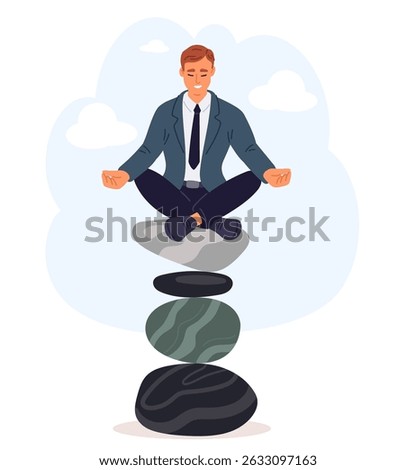 Man meditating sitting on balancing stones. Work life balance. Harmony and calm. Oval boulders pyramid stack. Yoga meditation. Rock cobblestones tower. Lotus asana. Mind concentration. Vector concept