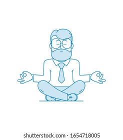 Man is meditating sitting on the floor with legs crossed. Character - a man with a beard and glasses. Calmness and relaxation, relaxation. Stress relief. Illustration in line art style. Vector