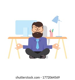 El hombre está meditando sentado en el suelo con las piernas cruzadas en la oficina. Personaje - hombre con barba y gafas. Tranquilidad y relajación, relajación. Alivio de estrés. Ilustración de estilo plano. Vector