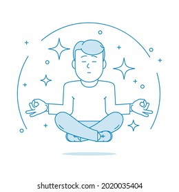 El hombre está meditando sentado en el suelo con las piernas cruzadas. Carácter - un hombre. Tranquilidad y relajación, relajación. Alivio de estrés. Ilustración en estilo de arte en línea. Vector
