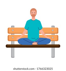 man meditating sitting in park wooden chair , concept for yoga, meditation, relax, healthy lifestyle vector illustration design