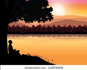 Man meditating in sitting yoga position on the top of a mountains above clouds at sunset. Zen, meditation, peace, Vector illustrations