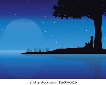 Man meditating in sitting yoga position on the top of a mountains above clouds at sunset. Zen, meditation, peace, Vector illustrations