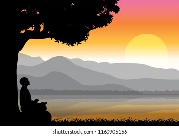 Man meditating in sitting yoga position on the top of a mountains above clouds at sunset. Zen, meditation, peace, Vector illustrations
