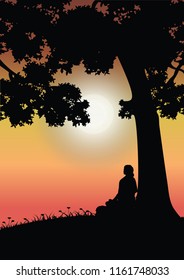 Man meditating in sitting yoga position on the top of a mountains above clouds at sunset. Zen, meditation, peace, Vector illustrations