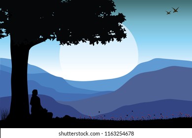 Man meditating in sitting yoga position on the top of a mountains above clouds at sunset. Zen, meditation, peace, Vector illustrations