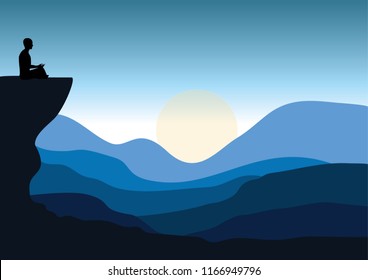 Man meditating in sitting yoga position on the top of a mountains above clouds at sunset. Zen, meditation, peace, Vector illustrations