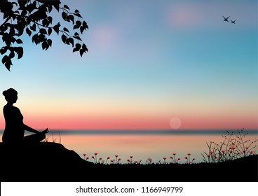 Man meditating in sitting yoga position on the top of a mountains above clouds at sunset. Zen, meditation, peace, Vector illustrations