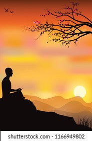 Man meditating in sitting yoga position on the top of a mountains above clouds at sunset. Zen, meditation, peace, Vector illustrations