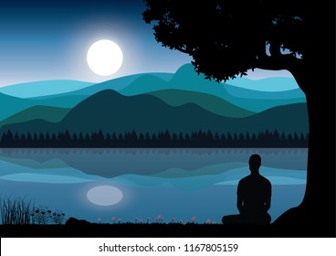 Man meditating in sitting yoga position on the top of a mountains above clouds at sunset. Zen, meditation, peace, Vector illustrations