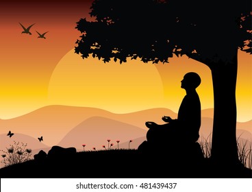 Man meditating in sitting yoga position on the top of a mountains above clouds at sunset. Zen, meditation, peace, Vector illustrations